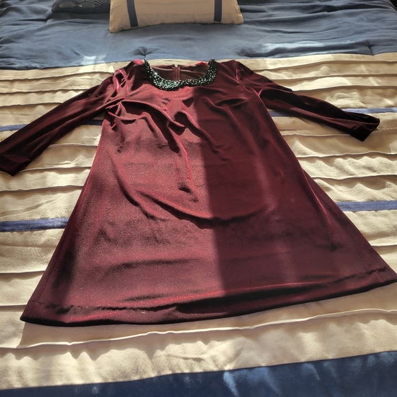 Betsey Johnson Velour Jeweled Neckline Dress in Burgundy - Picture 8 of 11